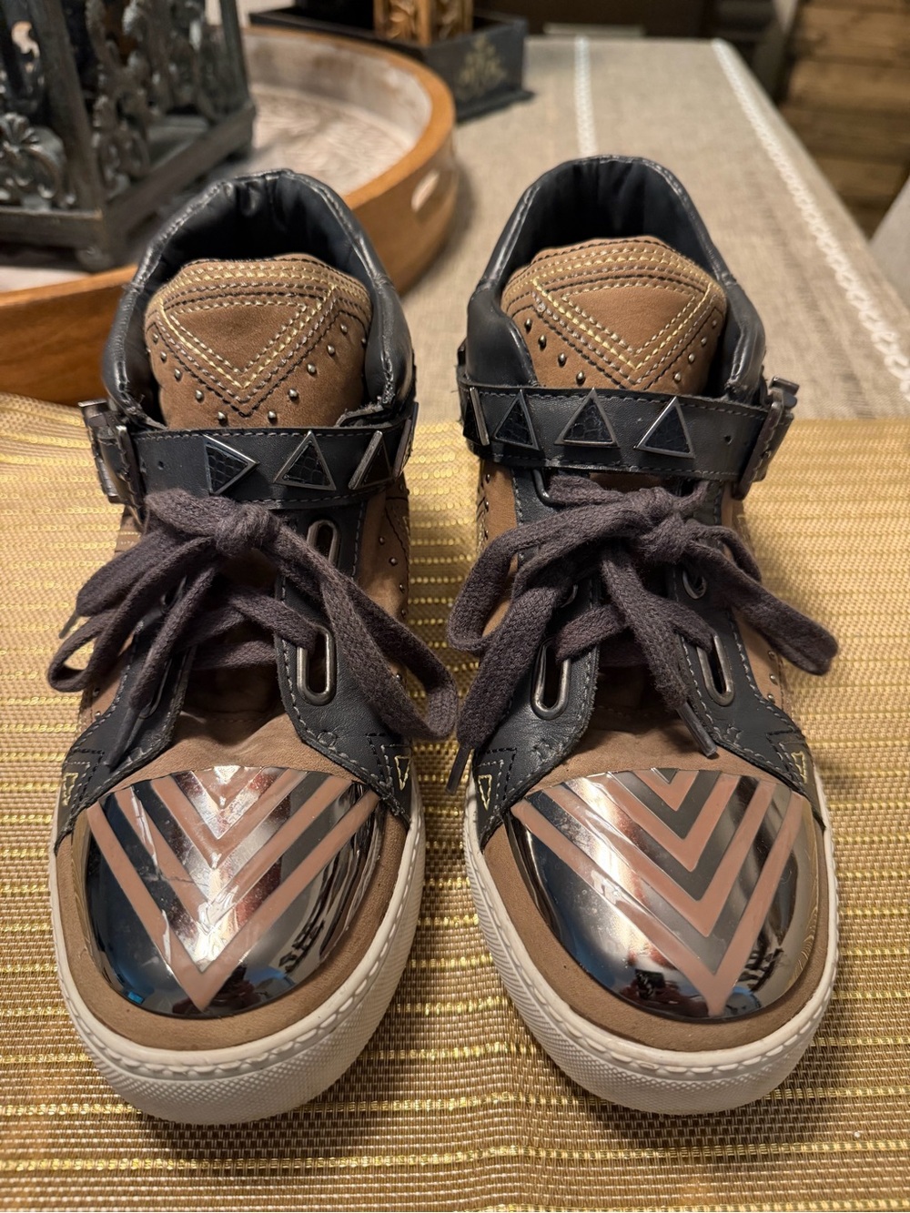 Ivy Kirzhner Brown and Black Womens High-Top Sneakers with Metallic Chevron Toe